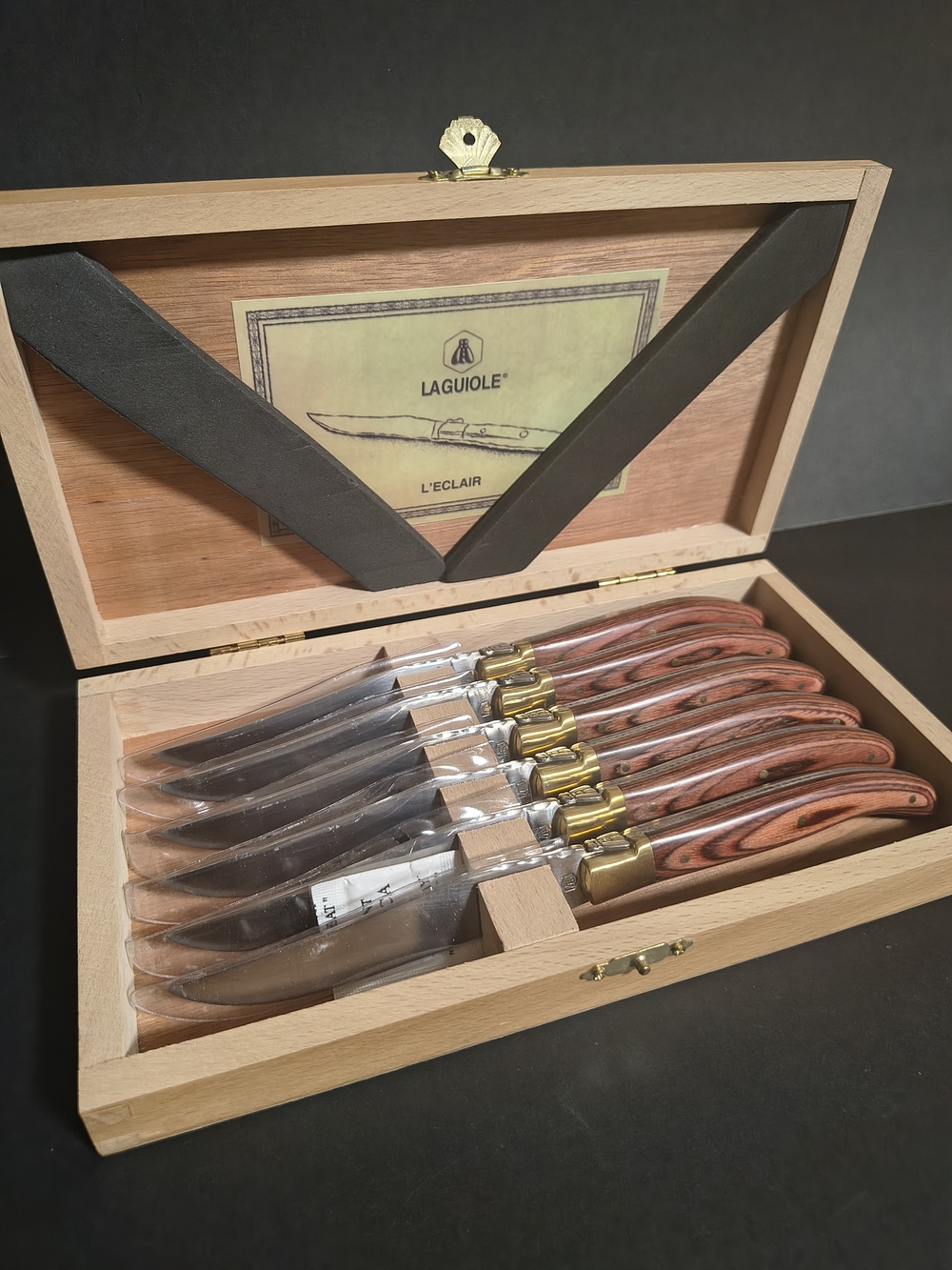 Laguiole L’Eclair 440 Steak Knives Set of 6 Wood Handles Wooden Presentation Box